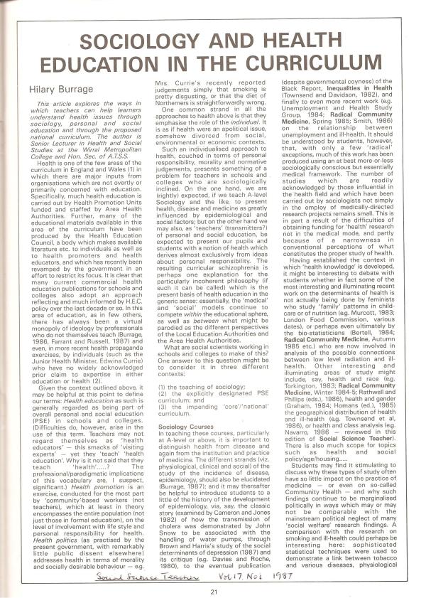 HB 1987 SST Vol17 No1 Sociology and health education in the curriculum 1
