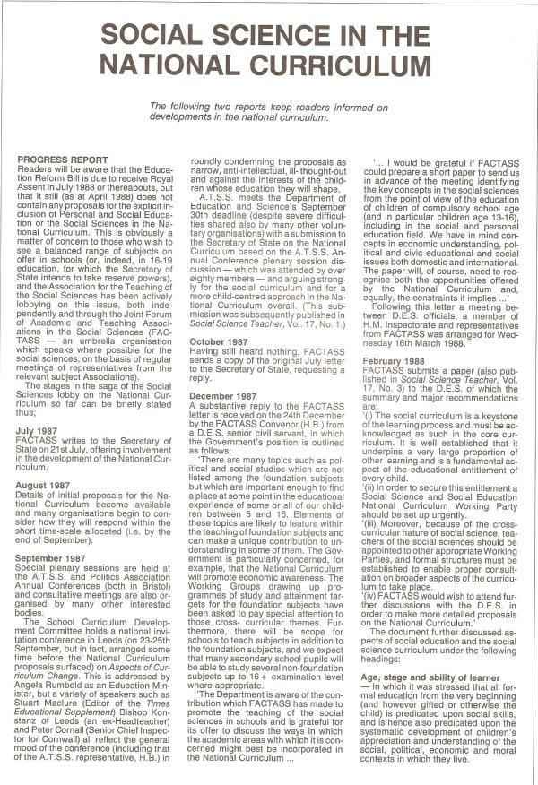 HB 1988 SST Vol17 No3 Report Social Science in the National Curriculum 1