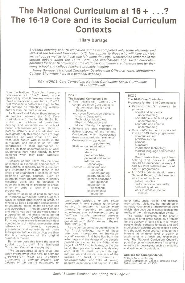 HB 1991 SST Vol20 No2 The National Curriculum at 16+... The 16-19 core and its social curriculum contexts