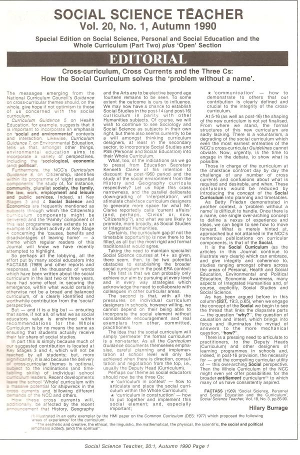 HB 1990 SST Vol20 No1 Editorial Crosscurriculum...How the social curriculum solves the problem without a name