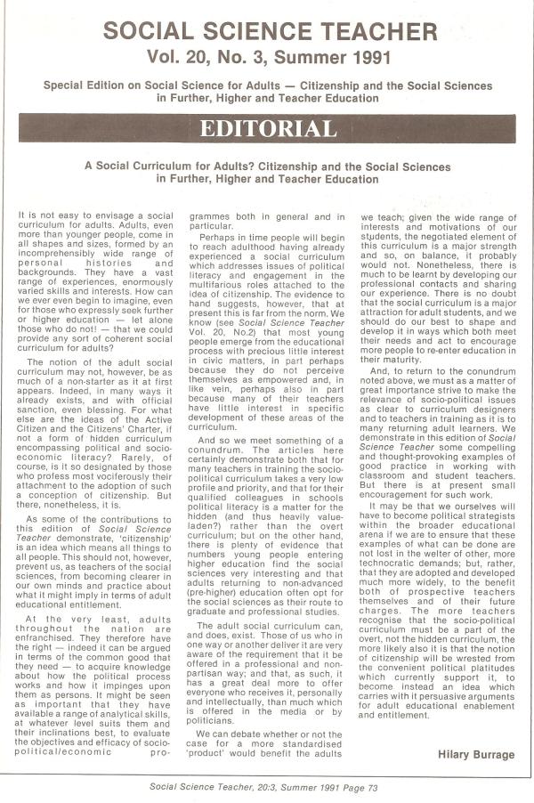 HB 1991 SST Vol20 No3 Editorial A social curriculum for adults. Citizenship and the Social Sciences in FHE